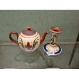 A Torquay pottery Watcombe candle stick & teapot with cover