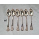 A set of six Georgian York teaspoons OE pattern 1828 by BC&N 118 gms