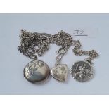 Two silver lockets, chains etc.