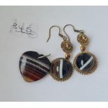 An antique banded agate earrings & heart pendant