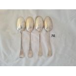 A set of 4 early 18th century table spoons with rat tail bowls marks rubbed 240 gms