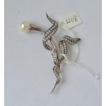 A multi paste & pearl floral brooch set in silver with large single pearl - 17.1gms