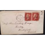 1858 Cover Dorchester/Ipswich, 1D red star pair S/ways duplex via London backstamps.