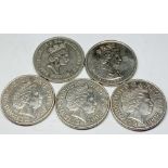 Five UK &5 coins