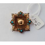 A Victorian yellow metal square brooch/locket with turquoise with registration mark