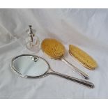A dressing table set of hand mirror 2 brushes and mounted bottle B'ham 1945