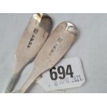 A pair of Exeter silver desert spoons fiddle pattern 1853 by JW JW 71 gms