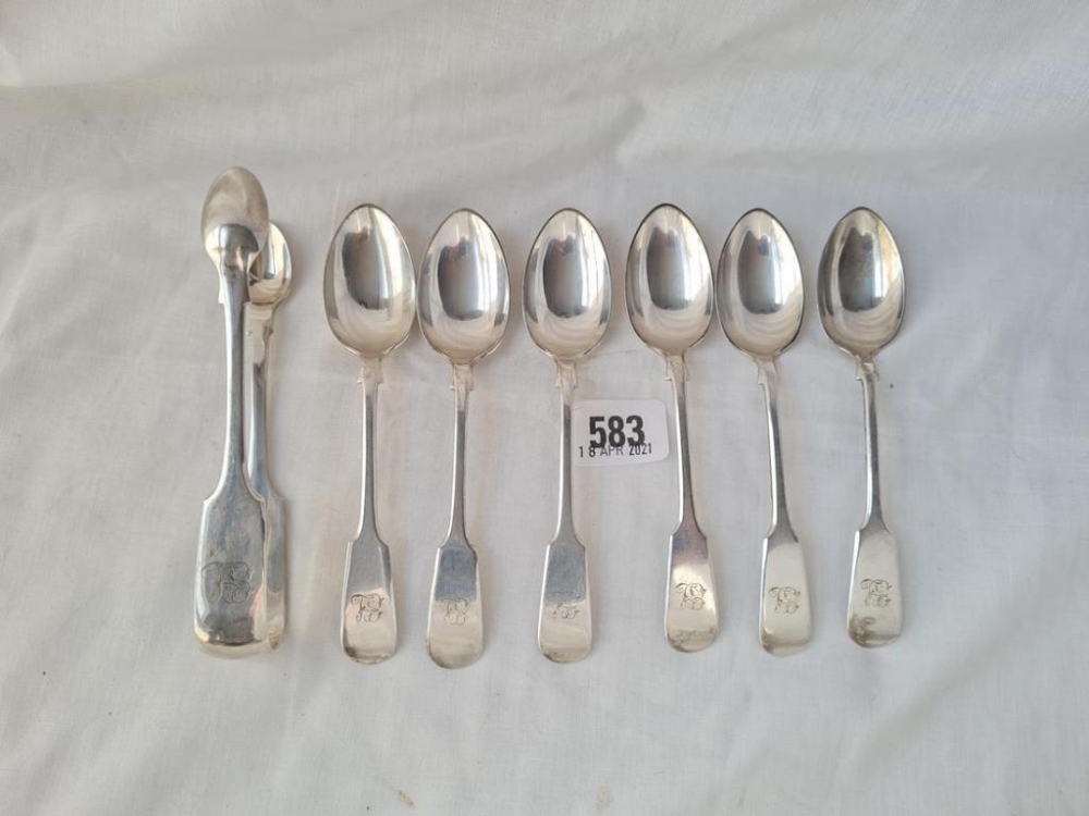 A set of six fiddle pattern tea spoons and matching sugar tongs Sheffield 1894 by JR 252 gms