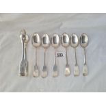 A set of six fiddle pattern tea spoons and matching sugar tongs Sheffield 1894 by JR 252 gms