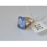 A large rectangular pale blue gem set ring with fancy mount in 9ct - size I - 3.8gms
