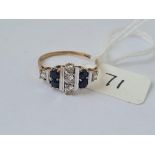 A dress ring with sapphire & white stones in 9ct gold- full hallmarks - size P - 1.9gms