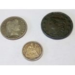 A USA 1/4 Dollar 1898 A one cent 1824 & A Dime 1884