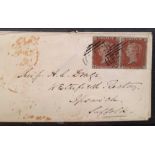 Cover 1853 pair inperf 1D reds Marlborough-Suffolk. Backstamp