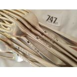 A set of 12 Victorian 3 prong table forks plain Hanoverian pattern London 1887 by JA,TS 850 gms