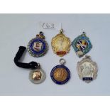 Six silver fobs (some with enamel & gold overlay) - 64gms