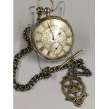 A gents large silver pocket watch with Albert chain & silver masonic fob