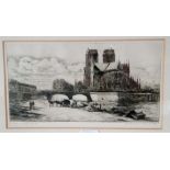 A signed etching by Charles Meryon of Notre Dame, Paris.