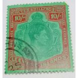 LEEWARDS SG 113 (1938/10sh on chalk paper). Used Exc. Colour but missing corner perf. Scarce stamp