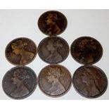Seven Victorian Pennies 1862 x 2 1872/3/5 1890/2