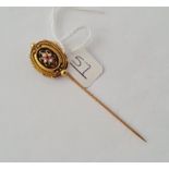 A large Victorian pearl & ruby stick pin 15ct gold (tested) - 3gms