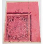LEEWARDS SG 114a (1942/£1 on carmine). Fine corner marginal used copy on piece. Cat £55