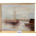 J T GODFREY 1890 - Boats in a harbour 7.5 x 9.5 - Signed & dated.