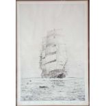 Signed Etching by Rowland Langmaid - Three masted Sailing Ship with Dolphins.