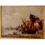 19TH CENTURY CONTINENTAL SCHOOL - Boats by a quayside - 12.5 x 16.5