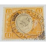 KUT SG95 (1922). £1 with Mombasa 1931 registered cancel. Fine used. Cat £325