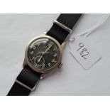 A GENTS RECORD 'DIRTY DOZEN' BLACK FACED MILITARY WATCH WITH SECONDS DIAL -w/o
