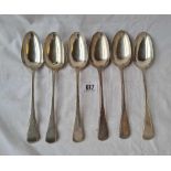 A good set of 6 table spoons with feather edge engraving London 1841 by WT 421 gms