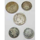 German 1 mark good grade 1875, half mark 1907 and 3 French silver coins