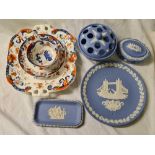Four pieces of blue and white Wedgewood and a Japanese cup and saucer etc.