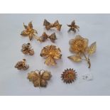 Ten items of silver gilt filigree brooches & earrings etc 60g