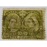 CANADA SG140 (1897). $5 top value jubilee issue. Good/fine used. Cat £700