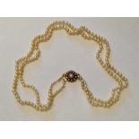 ANTIQUE TWO ROW NATURAL PEARL NECKLACE ON A PEARL SET CLASP WITH A CERTIFICATE FROM THE GEM AND