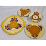 A Clarice Cliff Bizarre crocus pattern bread and butter plate 7 other plates and saucers