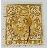 A FALKLANDS SG65 (1912) 1 sh fine used. Cat £30