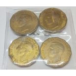 Four brass threepence 1943, 44, 45, 48 All with some lustre