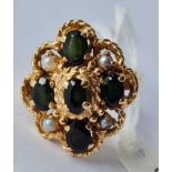 A very large 14ct gold tourmaline and pearl dress ring size O 8.3g inc