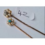 Two pretty stick pins ( 1 X diamond and pearl cluster 1 X turquoise and pearl cluster ) both set