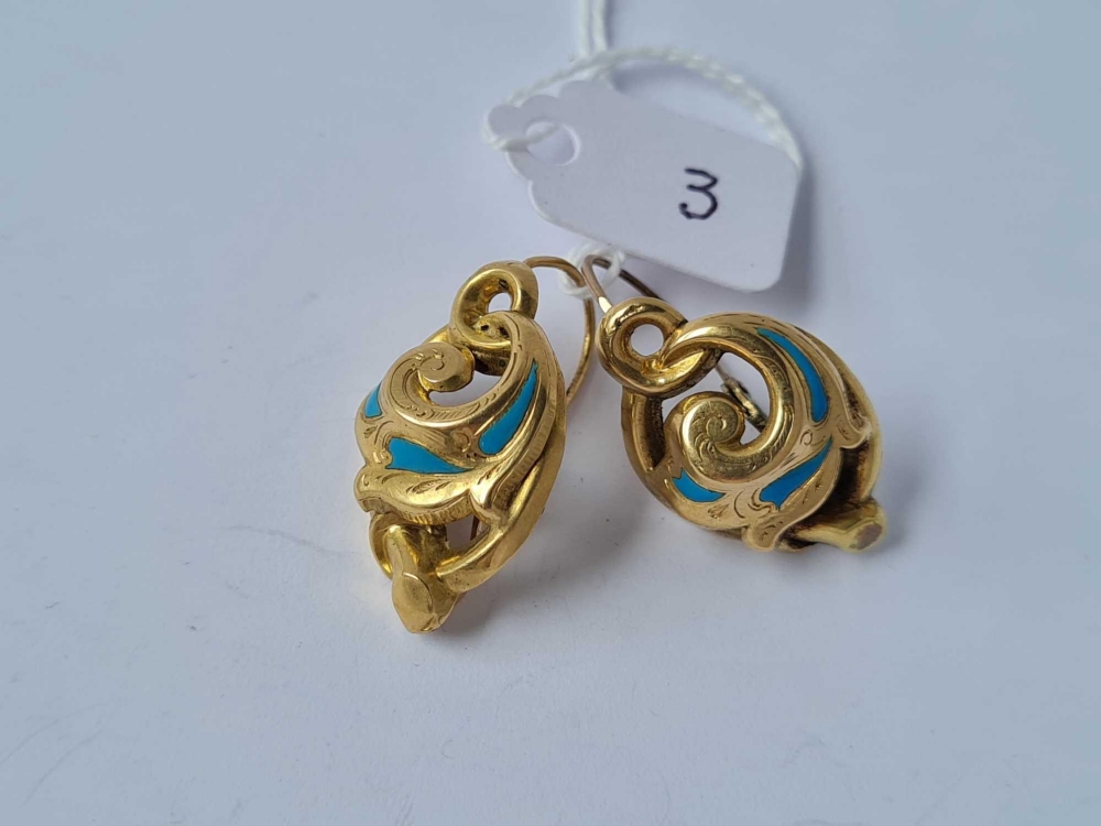 PAIR OF ANTIQUE VICTORIAN 15CT EARRINGS WITH FRENCH HINGED EAR FITTINGS WITH TURQUOISE ENAMEL