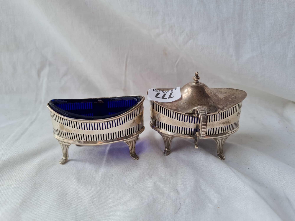 A Georgian style oval boat shaped mustard pot and matching salt with pierced sides, Sheffield - Image 2 of 2