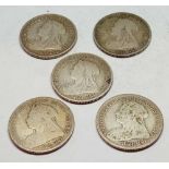 Five Victorian Old Head shillings
