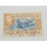 FALKLANDS. SG161a (1940), 5sh find used. Cat £90.