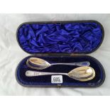 An attractive pair of boxed serving spoons with gilt bowls, Sheffield 1892, w.108g