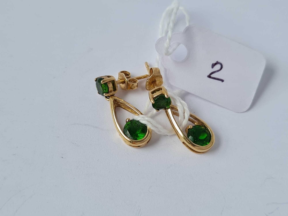 9ct articulated drop earrings with stud mounts set with green stones