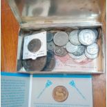 Silver box of coins medals and banknotes