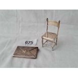 A miniature 17th century style chair (sterling) and a stamp envelope Chester 1911 by ANL