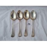 A set of 4 Georgian OE pattern plain dessert spoons, London, 1830 by WB, 156g